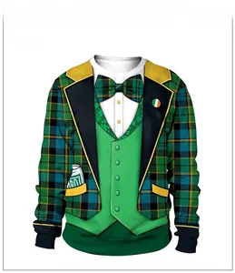 Detail of St. Patrick's Day 3D printed green suit pattern on crewneck sweatshirt
