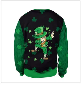 Detail of St. Patrick’s Day sweatshirt featuring a dabbing leprechaun and green clover prints