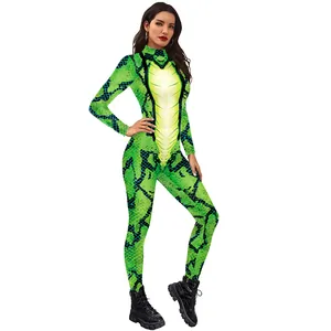Full body women's green snakeskin bodysuit with long sleeves for stage performance
