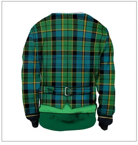 Rear view of St. Patrick's Day sweatshirt featuring green plaid and faux suspender print