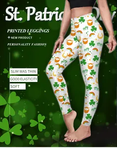 Detail van groene klavers en regenbogen op St. Patrick's Day yoga-leggings voor dames