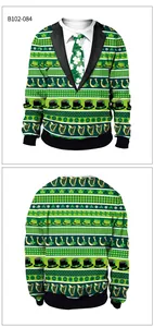 Front and back view of St. Patrick's Day sweatshirt with clover tie and hat patterns