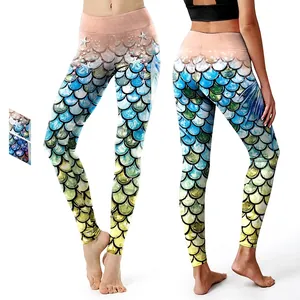 Women's Mermaid Scale Print Yoga Pants Gradient High Waist Fitness Leggings Ocean Theme Sports Compression Tights For Gym Workout