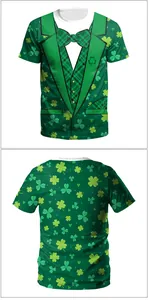 Detailed front and back view of St. Patrick's Day 3D tuxedo print shirt with shamrocks