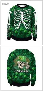 Front and back detail of a St. Patrick's Day green clover sweatshirt with skeleton graphics