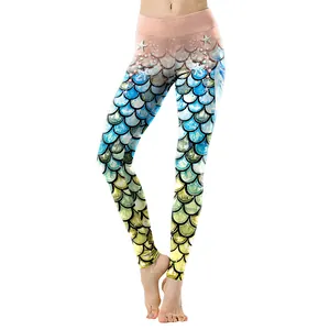 Womens high waist yoga leggings with vibrant scale print and ocean gradient patterns