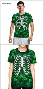 Close-up of Saint Patrick's Day 3D printed T-shirts with green clovers and rib cage graphic