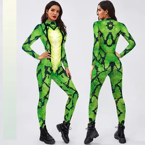 Women Green Snake Skin Print Jumpsuit Long Sleeve Mock Neck Slim Fit Catsuit For Halloween Stage Performance Cosplay Outfit