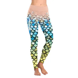 Women's yoga leggings with high waist and gradient mermaid fish scale print