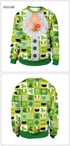 Detail view of St. Patrick’s Day sweatshirt with clover prints and 3D mock cleavage design