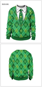 Detailed front and back views of St. Patrick's Day sweatshirt with shamrock and suit print