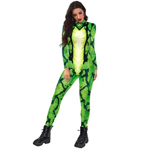 Women's green snake print long sleeve catsuit bodysuit for parties and stage performance