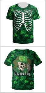 Front and back detail of St. Patrick's Day T-shirt with shamrock and skeleton prints