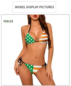 Detail des St. Patrick's Day Bikinis mit Kleeblatt-Print und orangefarbenen Streifen