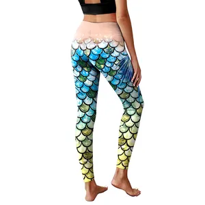 Women high waist yoga leggings with vibrant gradient fish scale digital print patterns