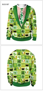 Detail of funny St. Patrick's Day green sweatshirt with 3D clover suit and chest hair print
