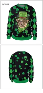 Close-up of St. Patrick's Day pug print and green argyle sleeves on this sweatshirt