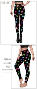 Detail van hoge taille yoga leggings met kleurrijke klaverprint voor St. Patrick's Day