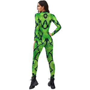 Women long sleeve green snake skin print bodysuit slim fit jumpsuit for stage performance