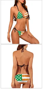 Detailansicht Vorder- und Rückseite des St. Patricks Day Bikinis mit Kleeblatt und Streifen