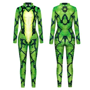 Green snake print catsuit with long sleeves and back zipper for stage performances