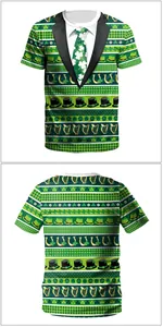 Detailed front and back views of St. Patrick's Day T-shirt with clover suit print