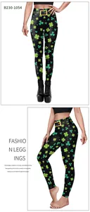 Details der St. Patrick's Day Leggings mit grünem Kleeblatt-Print und gelbem Gürteldesign