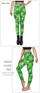 Detail van de St. Patrick's Day legging met groene klaverprint en hoge tailleband