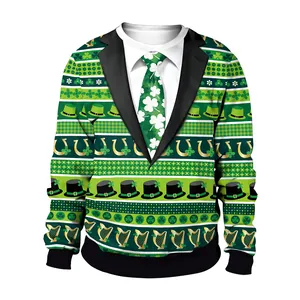 St. Patrick's Day green sweatshirt with 3D suit print and lucky shamrock patterns