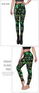 Detail der St. Patrick's Day Leggings mit grünem Kleeblatt und Hufeisen-Aufdrucken