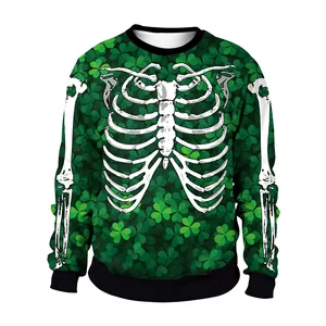 St. Patrick's Day green sweatshirt with rib cage bone print and clover patterns