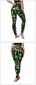 Detailaufnahme der St. Patrick's Day Leggings mit Kleeblatt- und Goldmünzen-Drucken