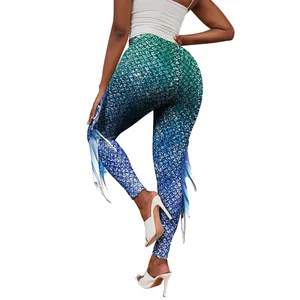 Legging sirène pour femme avec imprimé écailles et nageoires bleu dégradé