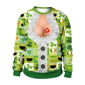St. Patrick's Day green checkerboard crewneck sweatshirt with funny 3D graphic print