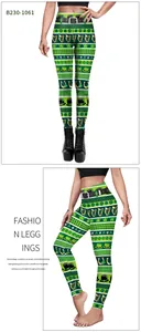 Details van St. Patrick's Day legging met klaverprint en riemontwerp, voor- en zijkant