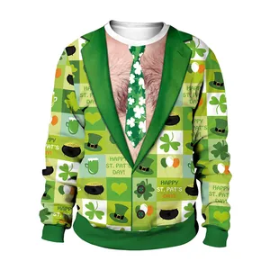 Men's Saint Patrick's Day sweatshirt featuring 3D tuxedo print and clover patterns