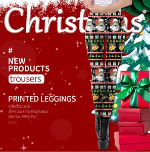 Detailed view of Christmas printed leggings featuring festive Santa and tree patterns