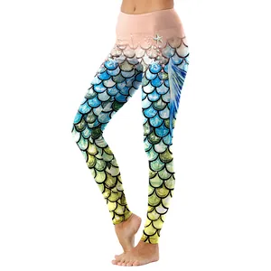 Pantaloni yoga a vita alta con stampa a squame di sirena in rosa e blu
