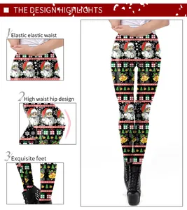 Detail view of high elastic waist and festive Christmas pattern on yoga leggings