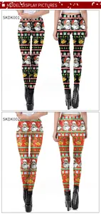 Detail view of festive Christmas patterns on high-elastic yoga leggings in red and black