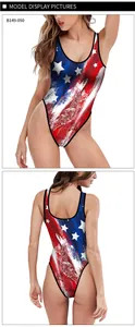 Detalle frontal y trasero del bañador de talle alto con estampado 3D de bandera americana