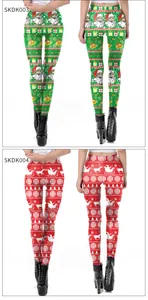 Detailed view of Christmas leggings featuring festive Santa and snowflake prints