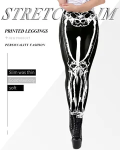 Detail view of the high-stretch 3D skeleton print and slim fit fabric on leggings