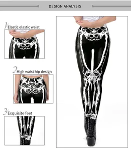Detail of high waist and elastic waist design on skeleton print leggings
