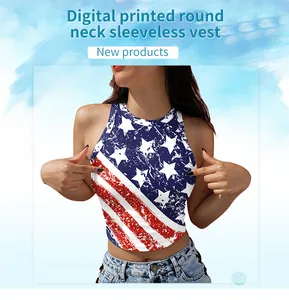 Detail of digital printed USA flag pattern on a sleeveless round neck summer crop top