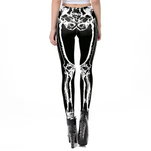 Women's slim fit leggings with 3D skeleton bone print, back view with high heels