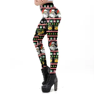 Women's Christmas printed yoga leggings with festive Santa and snowflake patterns