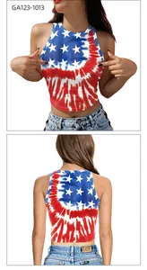 Detailed front and back view of USA flag tie-dye halter crop top for women