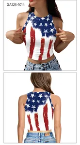 Detailed front and back views of a US flag print sleeveless cropped tank top for summer