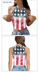 Front and back detail of a cropped sleeveless top with vintage American flag digital print